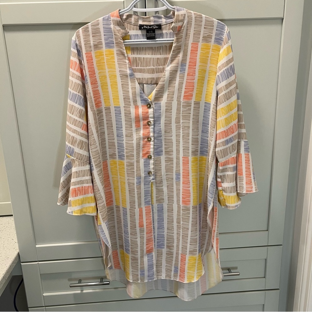 MICHAEL TYLER Colorful Flowy Tunic Striped Large Button-Up Blouse Flared Sleeve